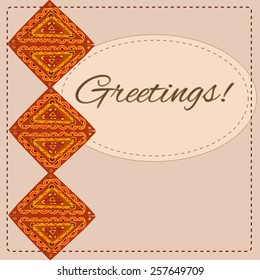 Greeting card with oval frame on background with colorful ornamental triangles composed in diamonds. Vector illustration.
