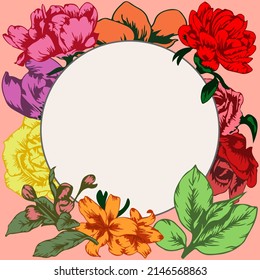 Greeting card with oval frame text box and beautiful blooming garden flowers