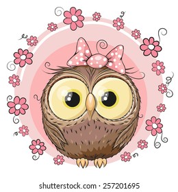 Greeting card owl with flowers on a pink 