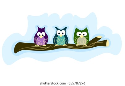 Greeting card with owls. Owls on the tree. Day in the life of owls.