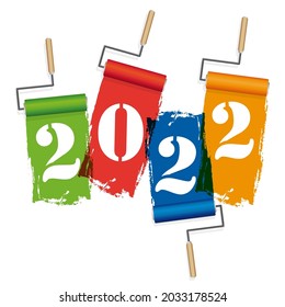 Greeting card for a painting company with the year 2022 written in a stencil with paint rollers of different colors.