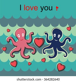 greeting card with a pair of octopuses and hearts