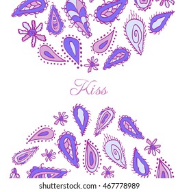 Greeting card with paisley. Round design, bright colors. Kiss