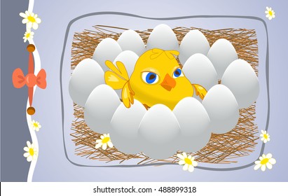 greeting card pale blue background with chicken