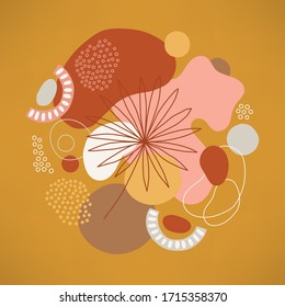 Tarjeta de saludo con hojas de palma, puntos, líneas y formas geométricas aisladas en fondo dorado. La decoración en círculo es de estilo retro. Reflejo moderno y abstracto de ilustración vectorial.