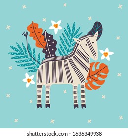 Greeting card with palm leaves, zebra, monstera and tropical flowers on light blue. Scandinavian style. Perfect for childish print, apparel, nursery. Vector Illustration