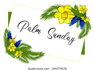 Greeting card for Palm Sunday. Christian religion. Spring flowers