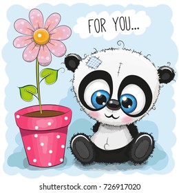 Greeting card Panda with flower on a blue background