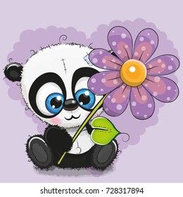 Greeting card Panda with flower on a purple background