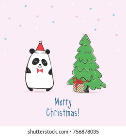 Greeting card with panda with gift in festive polka dot and hat and bow. Merry Christmas.