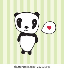 Greeting card with panda and hearts. Hand drawn panda for your design. Light green striped background. Doodles, sketch. Vector illustration.