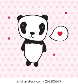 Greeting card with panda and hearts. Hand drawn panda for your design. Pink background. Doodles, sketch. Vector illustration.