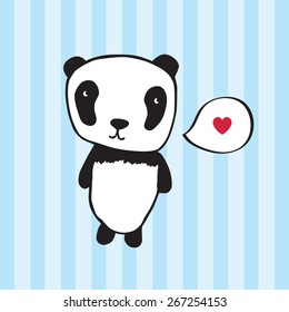 Greeting card with panda and hearts. Hand drawn panda for your design. Light blue striped background. Doodles, sketch. Vector illustration.
