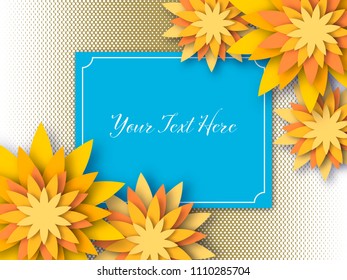 Greeting card with paper art and origami style flowers. Floral frame. Vector illustration 