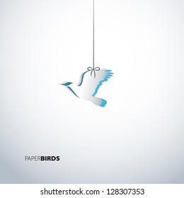 Greeting card with paper bird hanging on stripe - vector