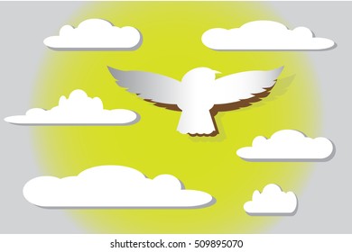 Greeting card with paper bird on sky and cloud