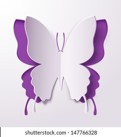 Greeting card with a paper butterfly. Abstract design. Vector illustration. 