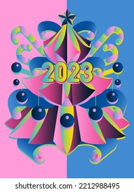 Greeting card with paper Christmas tree and numbers 2023