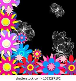 Greeting card with paper cut flowers and butterflies in  doddles art style. Colorful vector template, for flyers, posters, covers, brochures, postcards
