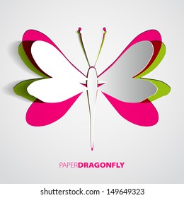 Greeting card with paper dragonfly - vector