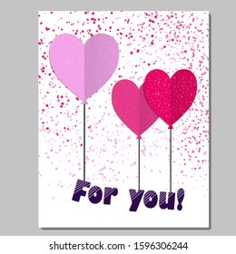 Greeting card with paper hearts in the form of balloons with an inscription for you. Valentine's Day Greetings