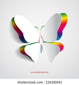 Greeting card with paper rainbow butterfly - vector