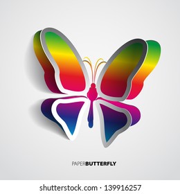 Greeting card with paper rainbow butterfly sticker - vector
