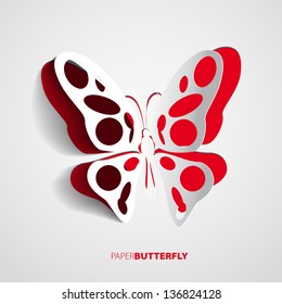 Greeting card with paper red butterfly - vector