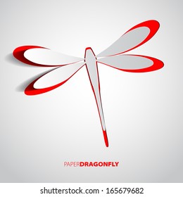 Greeting card with paper red dragonfly - vector illustration