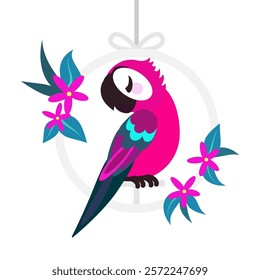 greeting card of parrot on perch with flowers, flat vector illustration isolated on white background