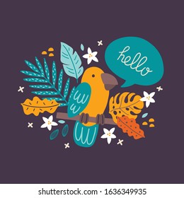 Greeting card with parrot sittting on branch, palm leaves, flowers, monstera on dark background. Scandinavian style. Perfect for childish print, apparel, nursery. Vector Illustration
