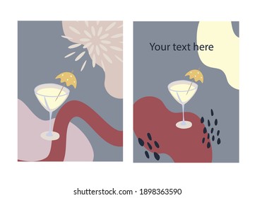 Greeting card and party invitation set, Cocktail Template, vector illustration, hand drawn style.