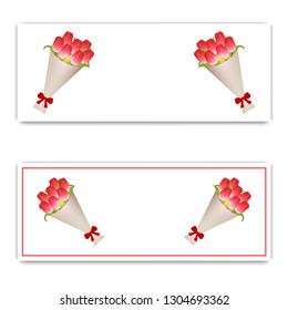 Greeting Card or Party Invitations with Bouquet of Tulips. Bouquet of Red Tulips in Paper with Red Bow. Place for Text. Vector illustration.