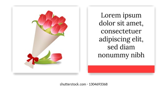Greeting Card or Party Invitations with Bouquet of Tulips. Bouquet of Red Tulips in Paper with Red Bow. Front Side and Backside. Place for Text. Vector illustration.