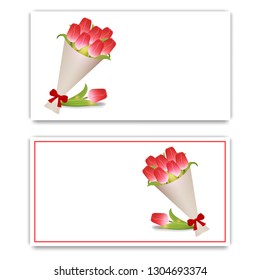 Greeting Card or Party Invitations with Bouquet of Tulips. Bouquet of Red Tulips in Paper with Red Bow. Place for Text. Vector illustration.