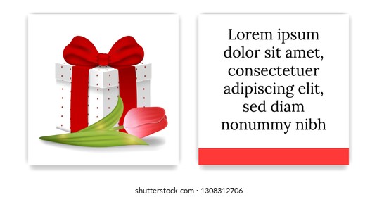 Greeting Card or Party Invitations with Gift Box and Tulip. Gift Box with Red Bow. Front Side and Backside. Place for Text. Vector illustration.