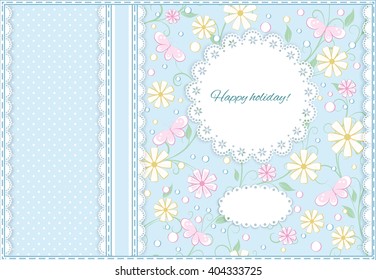 greeting card in pastel color with ribbon, lace, place for your text on  floral  background, vector illustration