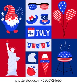 Greeting card with patriotic symblos of USA independence day. Social media template for 4th of July. American symbols, Statue of liberty, grill, eagle. Flat cartoon style. Bright vector illustration