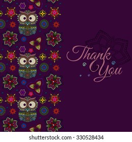 Greeting Card pattern Boho ornamental owl illustration, ethnics abstract doodle on floral background, sketch of totem animal with feather in tribal decor 