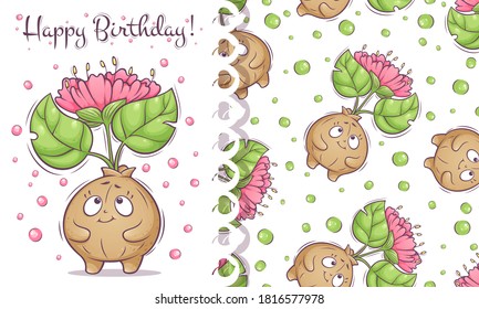 Tarjeta de felicitación y patrón con flor adorable. La flor del bebé floreció para desear un feliz cumpleaños.