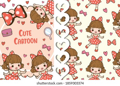 Greeting card and pattern Cute girl many gestures. This cute element object design for wallpaper, web page background, card, banner design and more.