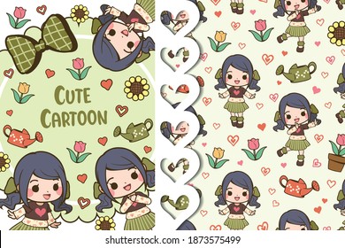 Greeting card and pattern Cute girl many gestures. A girl tied two ponytails. This cute element object design for wallpaper, web page background, card, banner design and more.