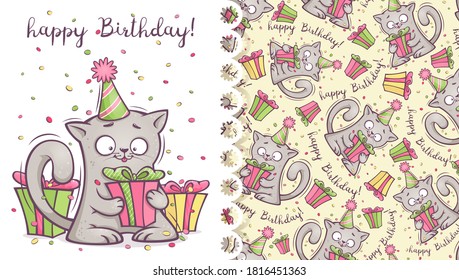 Greeting card and pattern with a funny kitten and gifts. 