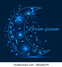 Greeting card with a pattern on the crescent moon and the lights on a blue background. The modern concept of the holy fasting month of Ramadan Kareem. Vector illustration