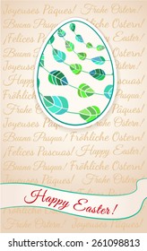 Greeting card with pattern of stylized leaves on the threads as garland in an Easter egg, on a background of the phrases "Happy Easter!" in Spanish, Italian, German, French.