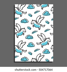 Greeting card with pegasus and clouds. Cute little cartoon mythical beast. Background with blue pony with wings