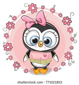 Greeting card penguin girl with flowers on a pink background