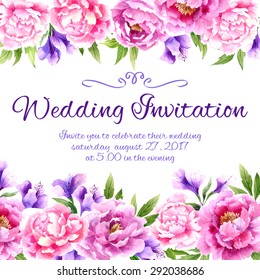 Greeting card with peonies.Can be used as invitation card for wedding, birthday and other background. Watercolor vector illustration
