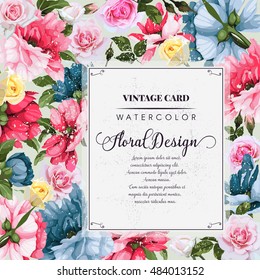 Greeting card with peonies, watercolor, can be used as invitation card for wedding, birthday and other holiday and  summer background. Vector illustration.
