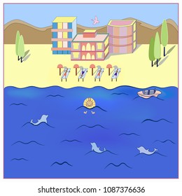 Greeting card with people on vacation. Overlooking the sea, dolphins and the beach.